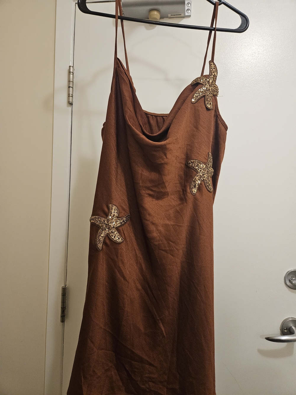 Brown Slip Dress with Sequin Starfish Appliqués